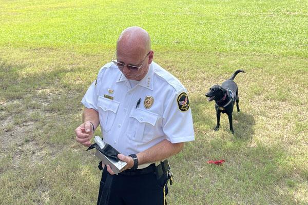Police Dog Bella Demonstrates Drug Find with Odenville Police Chief Glenn Walton at Greater Odenville Chamber of Commerce September Meeting