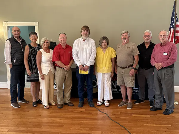 GOCC081125-032 Photo L-R: Pat Shipp - Chamber 2nd VP, Dona Bonnett - Chamber Board, Council Place #2 Candidate Tammy Crow, Mayor Buck Christian, Council Place #3 Jimmy Bailey, Council Place #1 Candidates Elaine Mize and Johnny Kirkland, Paul Perry - Chamber President and Bob Powell - Chamber Board.